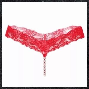 Red Lace Pearl Bead Crotch G-String Panty